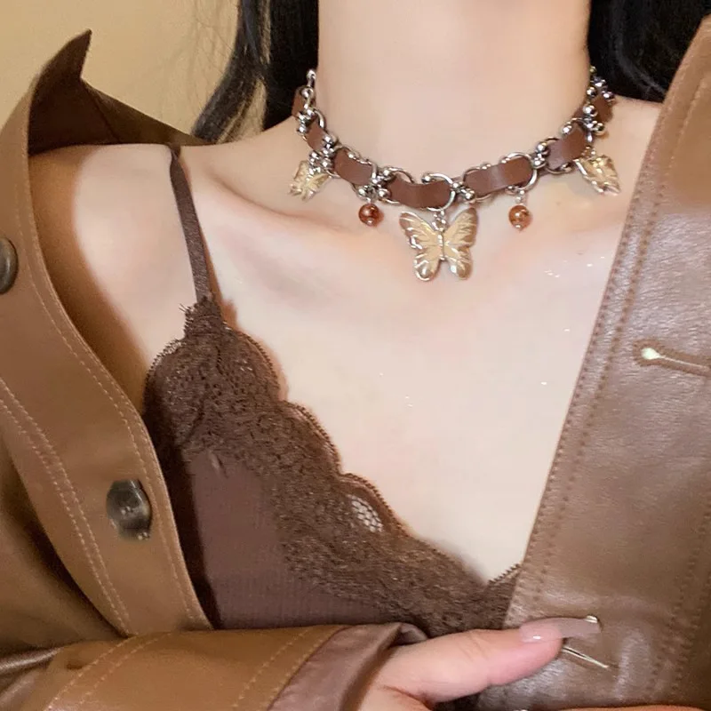 Fashion Gothic Punk Collar Necklace Leather Choker Personality Butterfly Necklace Hip Hop Womens Jewelry Accessories