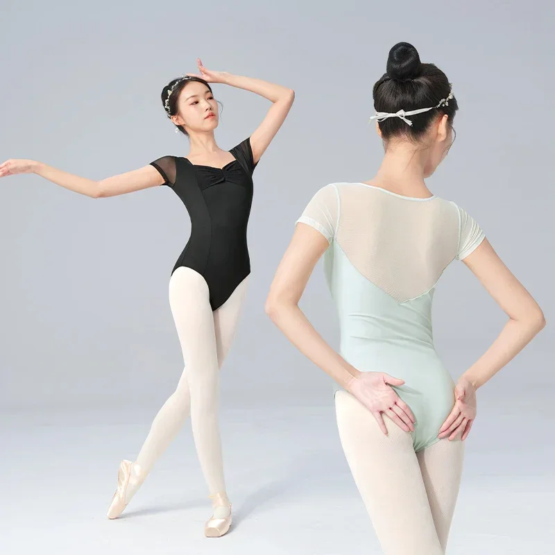 Leotardos de Ballet plisados con cuello en V para mujer, uniforme de gimnasia, empalme de malla, leotardos de baile de bailarina, Yoga, Pilates, monos de baile