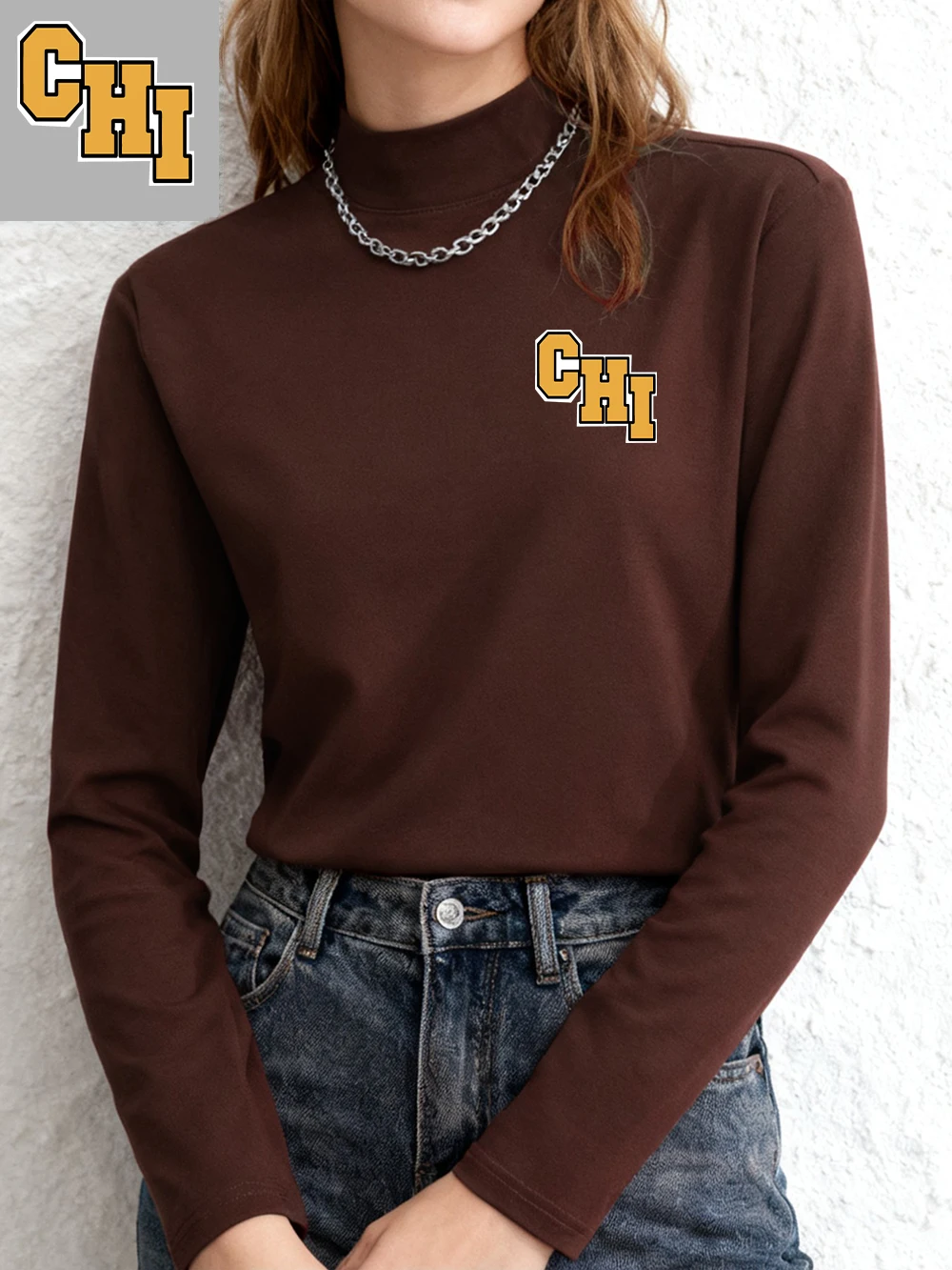شيكاغو رسالة تشي مطبوعة تي شيرت المرأة الخريف طويلة الأكمام قاع قميص سليم صالح الدافئة نصف الياقة المدورة القمم الملابس الأساسية #1