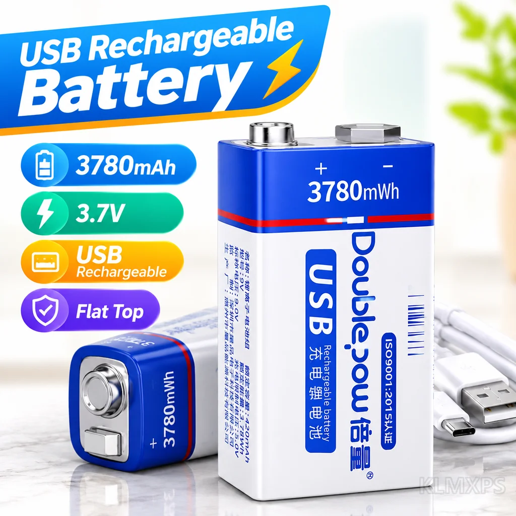 9V Rechargeable Battery 3780mWh Lithium Cell with USB Type-C Charging Port and Charging Cable for Battery Replacement Use