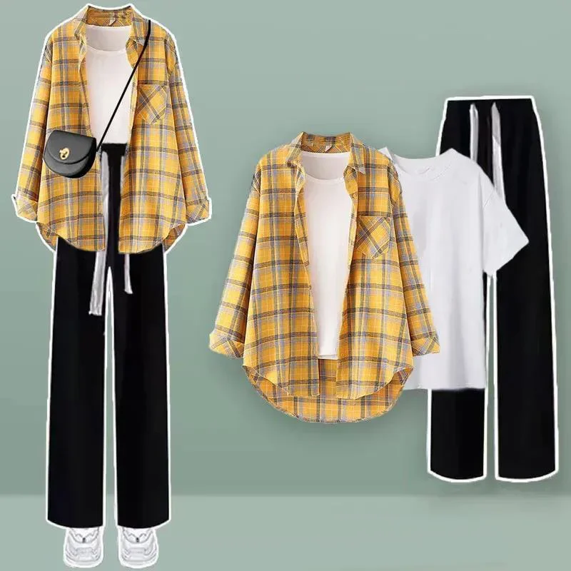 Casual Wide Leg Pants Three Piece Set Elegant Women\'s Pants Set Tracksuit Checkered Patchwork Chiffon Shirt White T-shirt Blouse