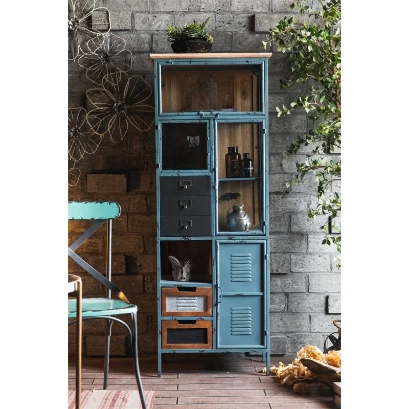 Contemporary Vintage Blue Locker Wooden Kitchen Showcase Dining Room Living Room Furniture Display Rack