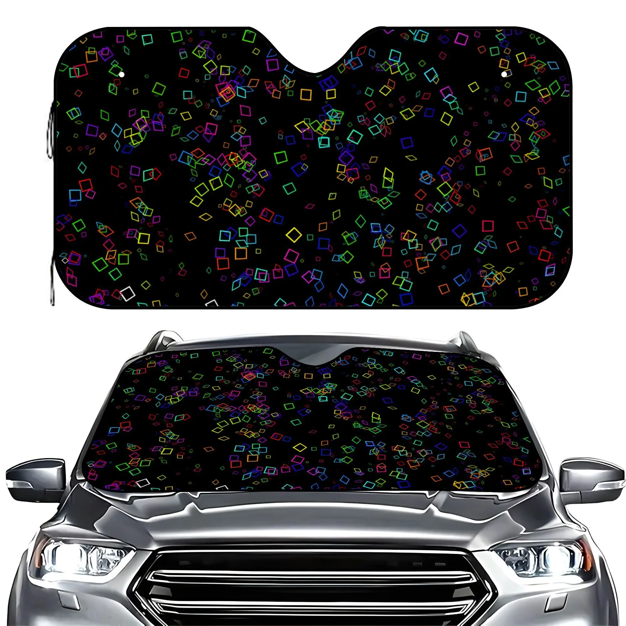 1pc Cartoon Style Car Sun Shade - UV Glare Protection Windshield Cover With Colorful Square Pattern, Fit For All Vehicles, Durab