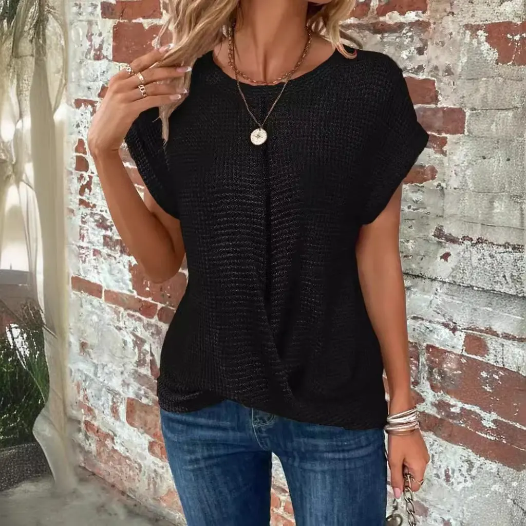 

Women's Pure Color round Neck T-shirt Short-Sleeved Elegant Twisted Top for Spring And Summer European And American Style