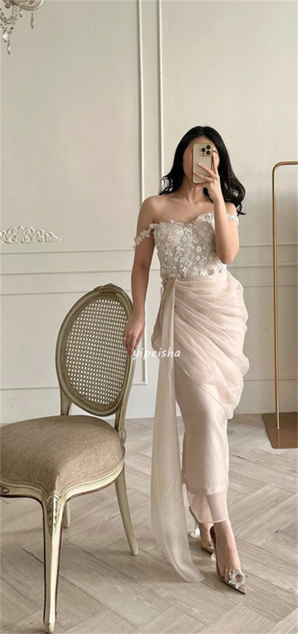 Customized Modern Style Tulle Sequined Pleat Ruched Column Sweetheart Midi Dresses Prom Dresses Exquisite Unisex Fashion High Qu