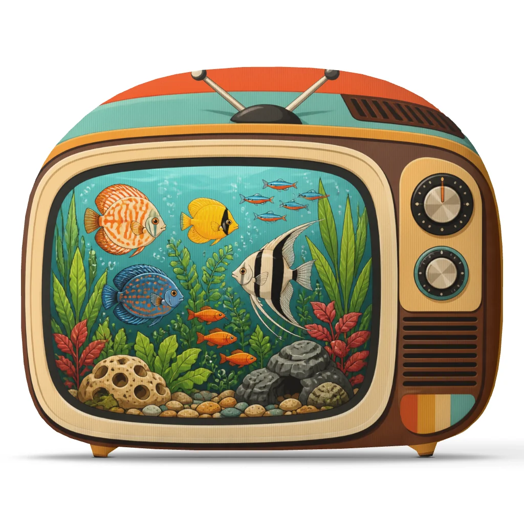 Retro TV Aquarium Pillow Colorful Tropical Fish Cushion Seventies Ocean Decor Plush Stuffed Throw Pillow Home Accent Gift
