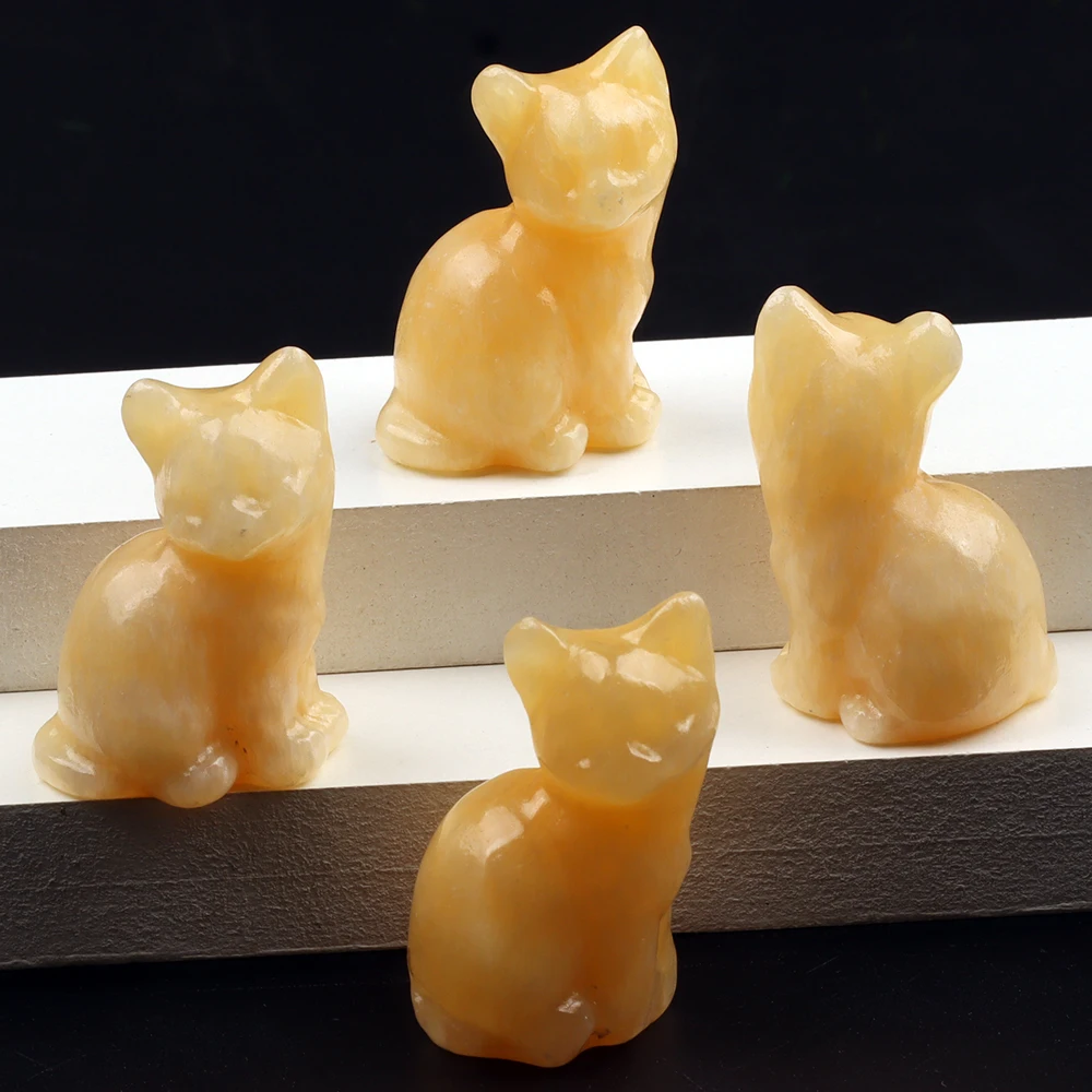 Yellow Jade Cat Figurine, Natural Stone, Hand Carved Jade Mini Kitten Pet, Crystal Craft, Chakra, Home Decor, 1.5