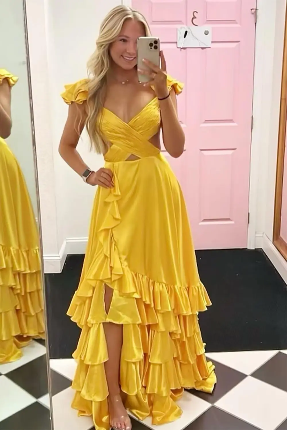 

Ruffle Satin Prom Dresses for Women Long Tiered V Neck Formal Evening Dress with Slit