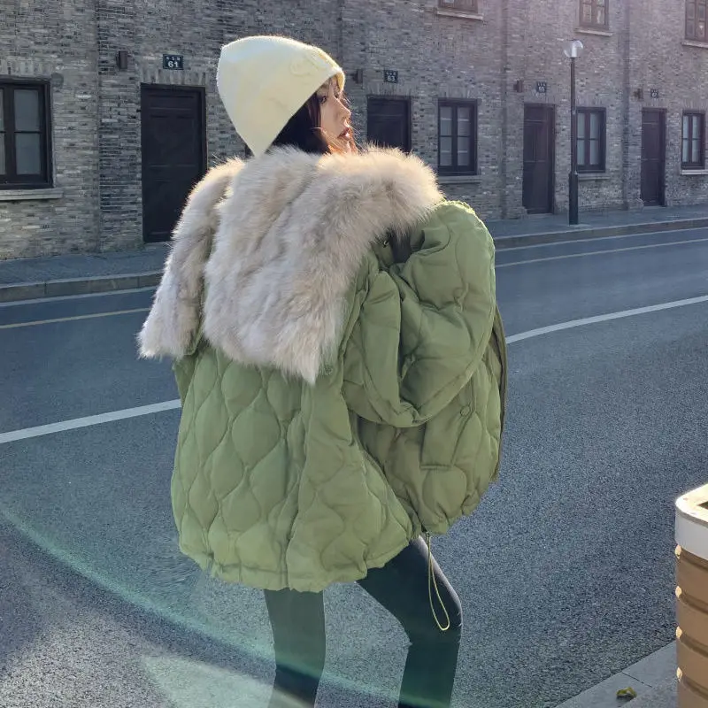 Women Faux Mink Fur Big Lapel Collar Hat Cotton Padded Jacket Fall Winter Thickening Puffer Coat Quilted Cardigan Parka Chaqueta