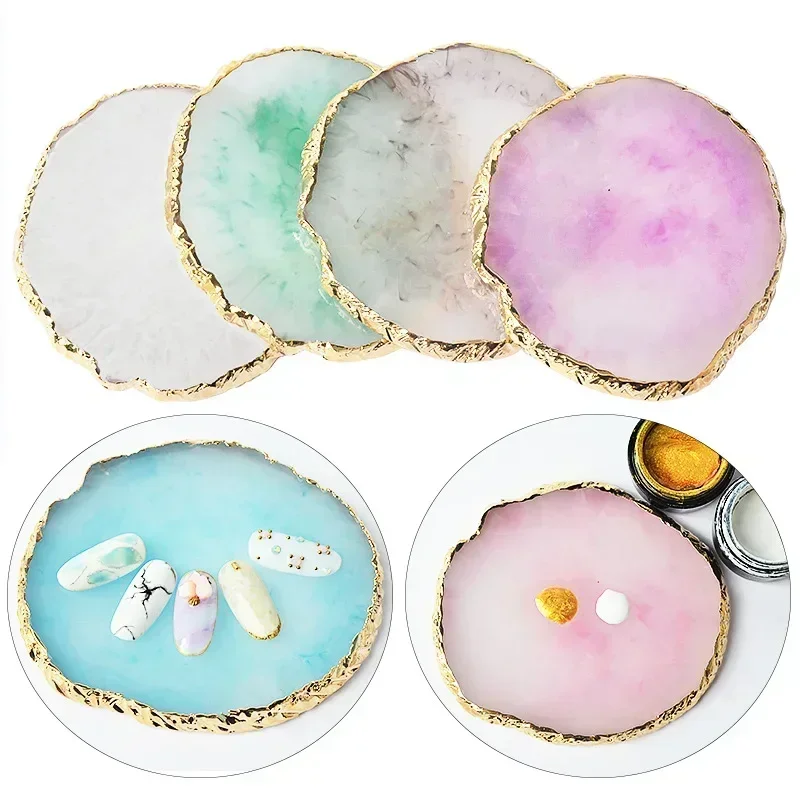 Herramientas de Accesorios DIY para Manicura, Paleta de Pintura de Arte de Uñas en Resina, Borde Dorado, Placa de Ágata para Mezclar y Agitar, 6 Colores 2