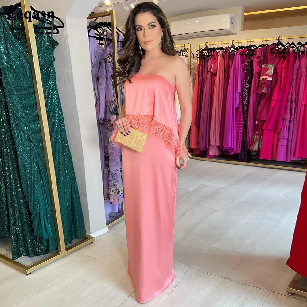 

Eeqasn Coral Beach Feathers Prom Dresses Strapless Soft Satin Floor Length Evening Party Gowns Formal Women Eevenig Dress 2023