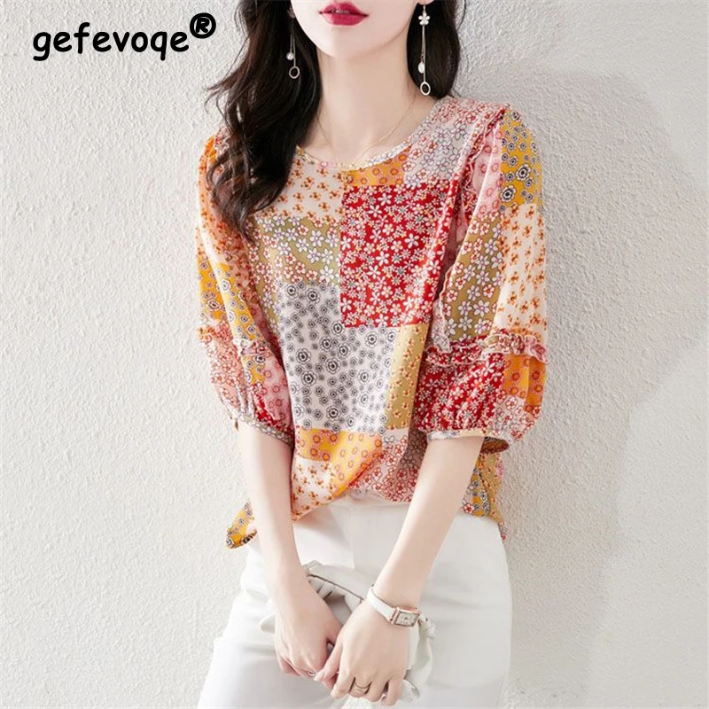 Summer Women\'s Clothing Korean Fashion Print Ruffle Elegant Sweet Blouse Casual Half Sleeve Loose Shirt Chic Chiffon Tops Blusas