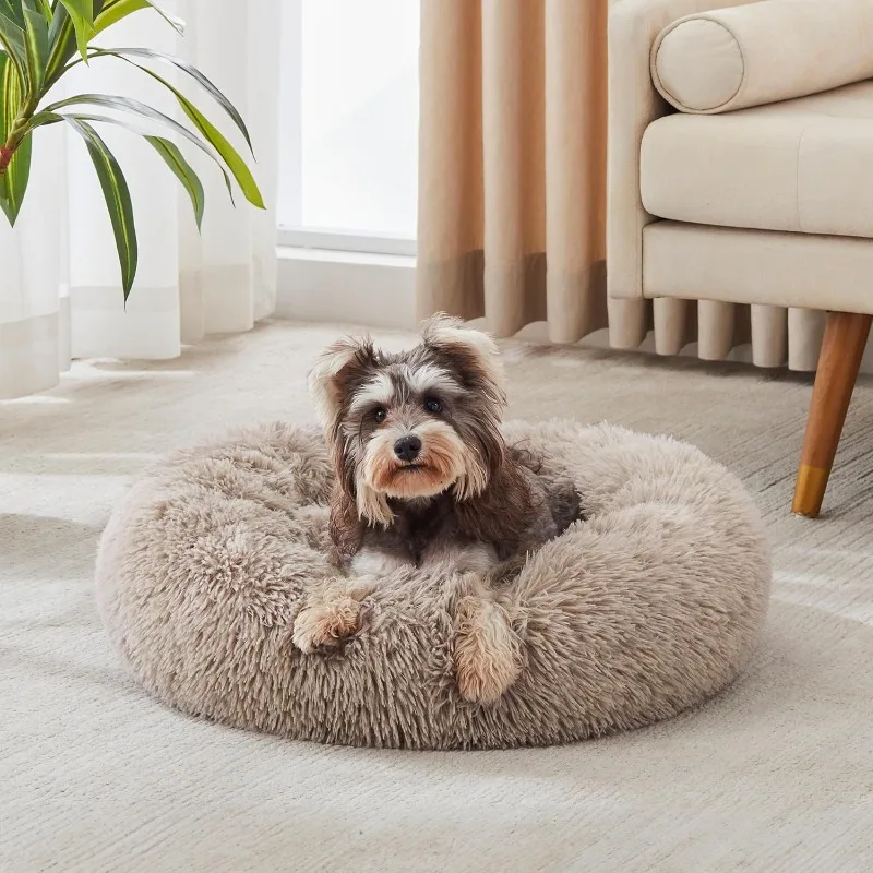 Cama calmante para cães e gatos, anti-ansiedade, donut, aquecimento, cama redonda macia e aconchegante, cama de almofada de pelúcia de pele sintética fofa