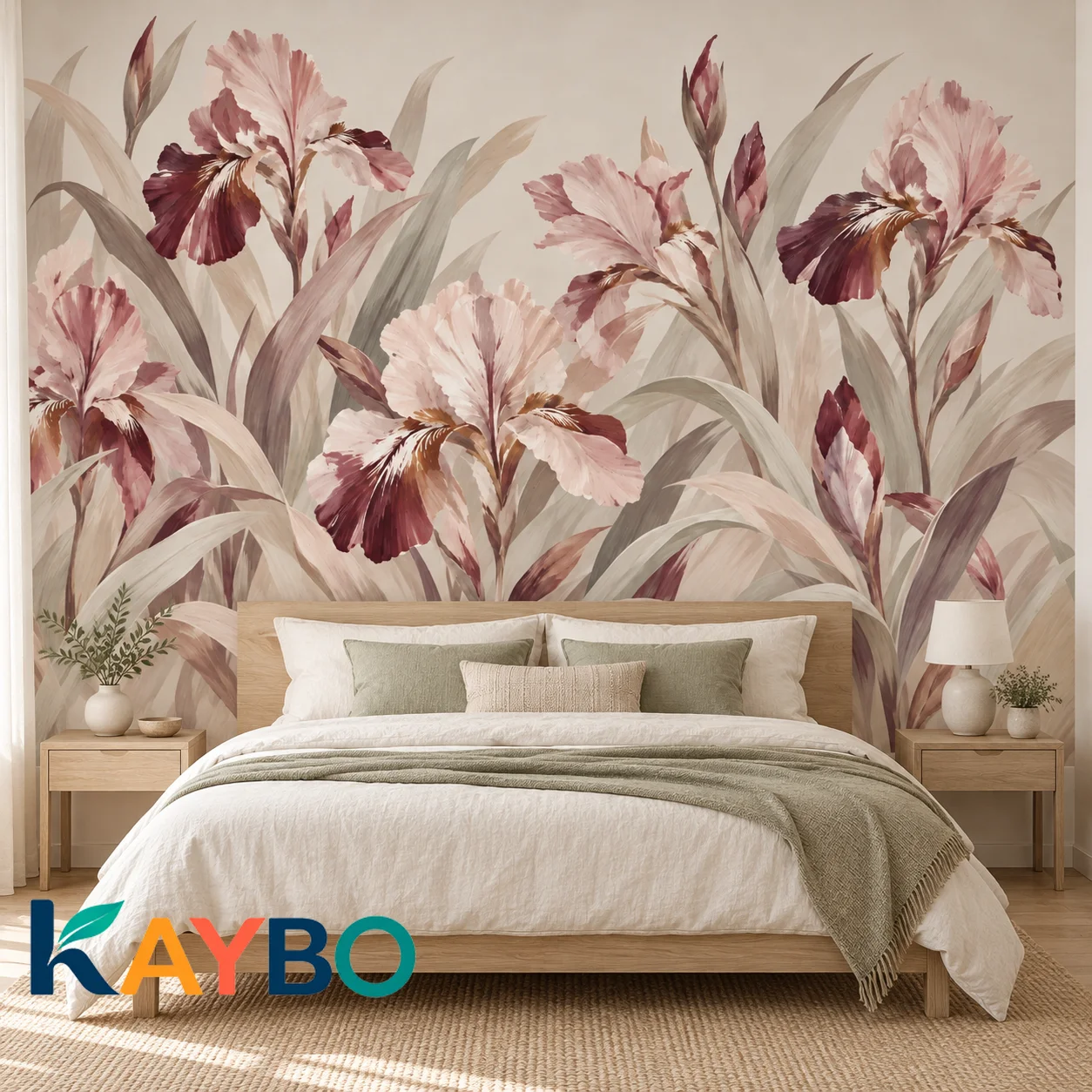 Floral Wallpaper Mural, Watercolor Iris Flowers, Blush Pink Botanical Wall Decor, Vintage Garden Room Accents, Non Self Adhesive
