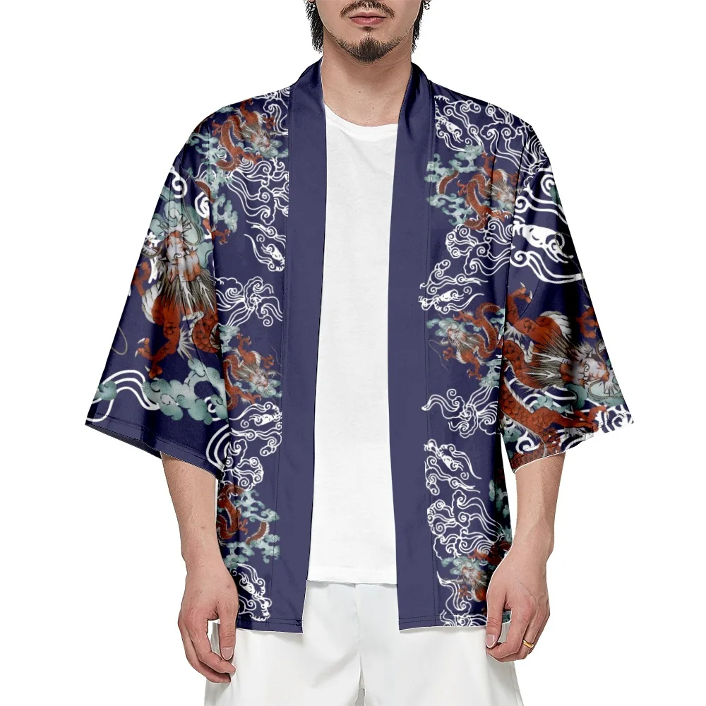 Plus Size 4XL 5XL 6XL Loose Women Men's Chinese Dragon Print Clothing Japanese Blue Kimono Cardigan for Summer 2023