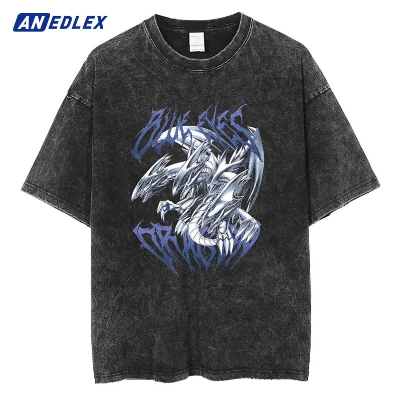 Men Washed T-Shirt Anime Blue Dinosaur Tshirt Hip Hop Men Streetwear Cotton Short Sleeve T Shirt Harajuku Women Oversized Tees