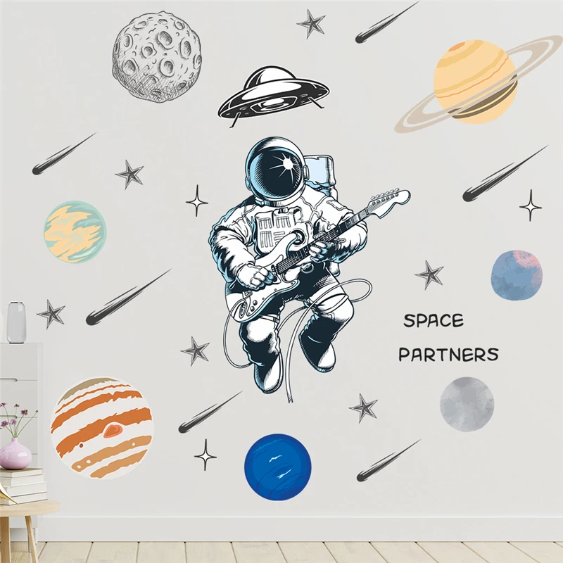 Funny Spaceman Playing Guitar Wall Sticker For Kids Bedroom Home Decoration Diy Planet Star Mural Art Pvc Decals Cosmos Poster