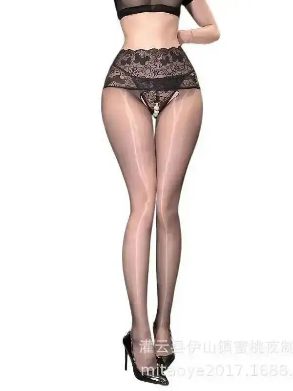 New Sexy Lace Waist Aurora Sheer Open Crotch Pantyhose Thin Pearl Massage Transparent Pantyhose Smooth Charming Pure Desire LJ3J