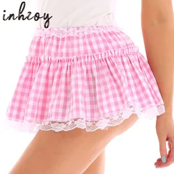 Mens Sissy Skirt Plaid Lace Ruffled Pleated A-line Mini Skirt Gay Male Crossdress Schoolgirls Cosplay Clubwear Nightwear