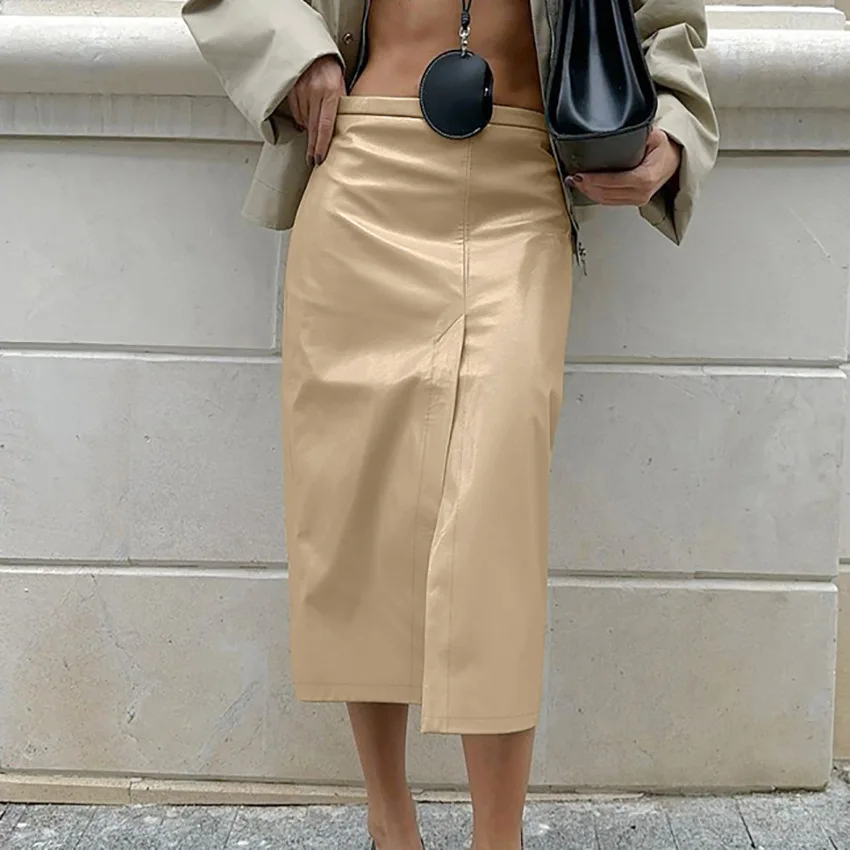 Fashion Khaki PU Leather Split Women's Skirt 2026 Casual High Waist Long Skirts Elegant Classic Solid Skirt Female Clothing