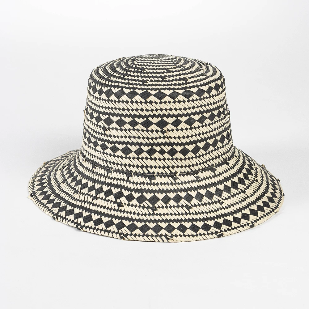 Hand Weaved 100% Paper Straw Bucket Hat Black And White Checked Summer Straw Hat