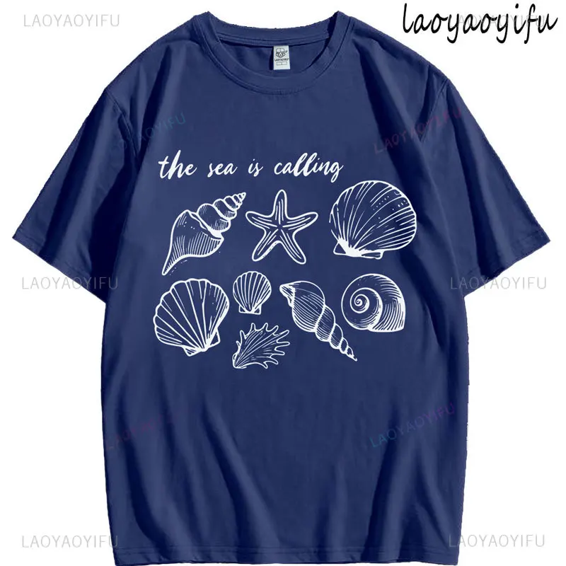 

Sea Shell Beach The Sea Is Calling Aesthetic Ocean Lover Gift High Quality Cotton Shirt Tops Women Fashion Breathable O-neck Tee