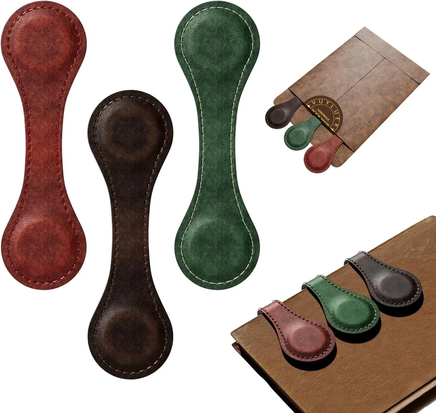 

Set of 3 Magnetic Bookmarks, Vintage Genuine Leather Book Marks for Reading, Page Clips for Book Lovers