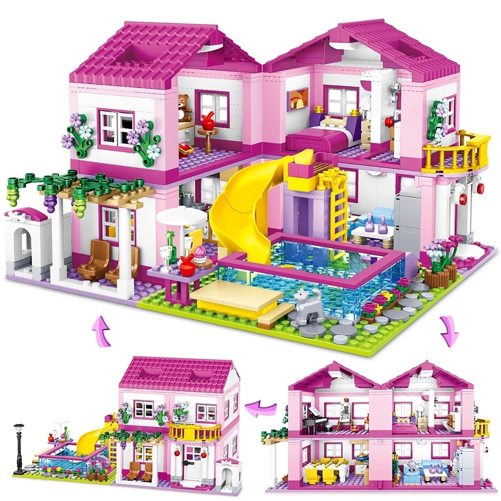 

NEW 1018pcs Pink Villa Building Blocks Set 3 In 1 Summer Pool House Architecture Model Bricks DIY Construction Toys Girls Gift