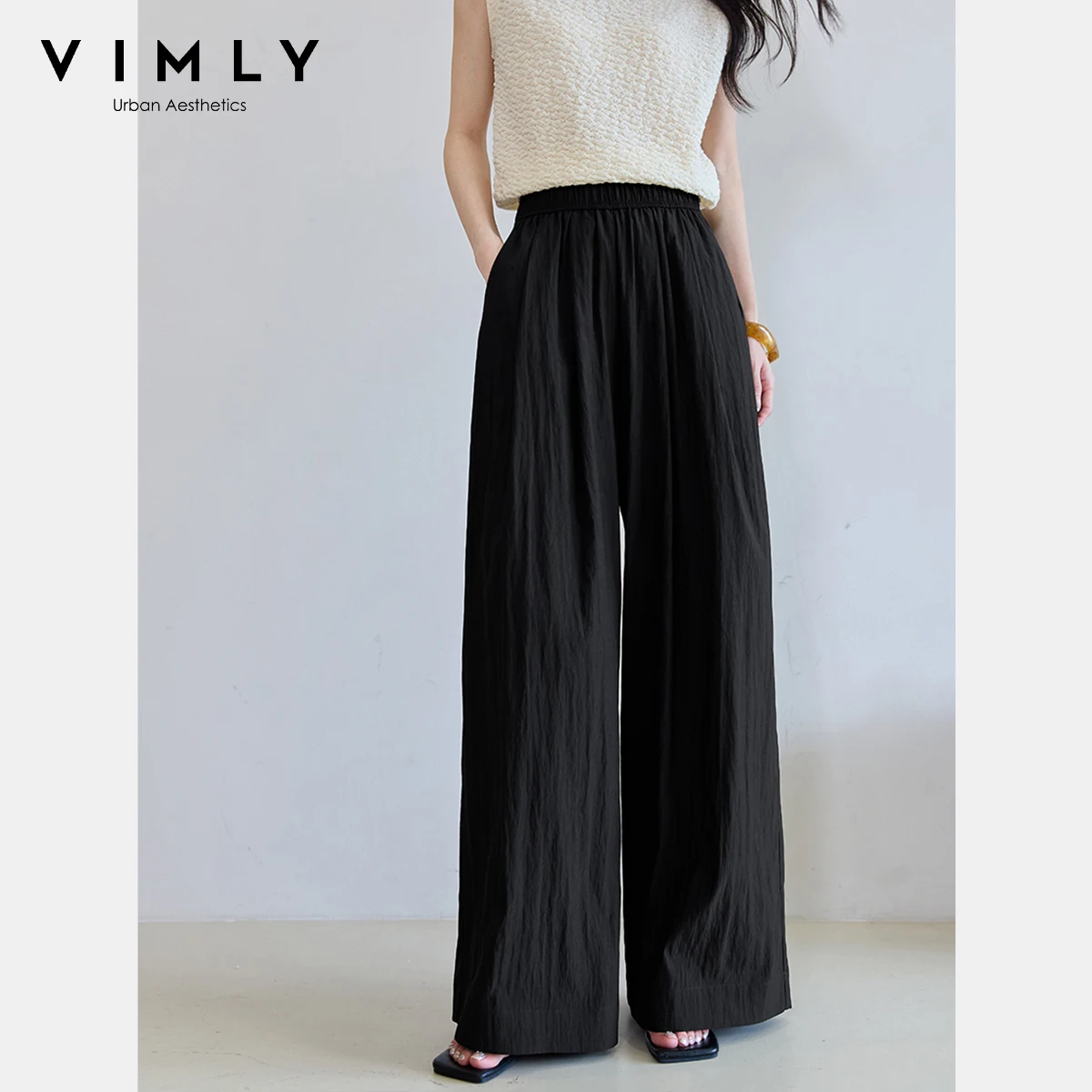 

VIMLY Summer Long Baggy Pant 2025 Women's Elastic High Waist Loose Wide Leg Casual Full Length Trouser Woman Clothing M9877