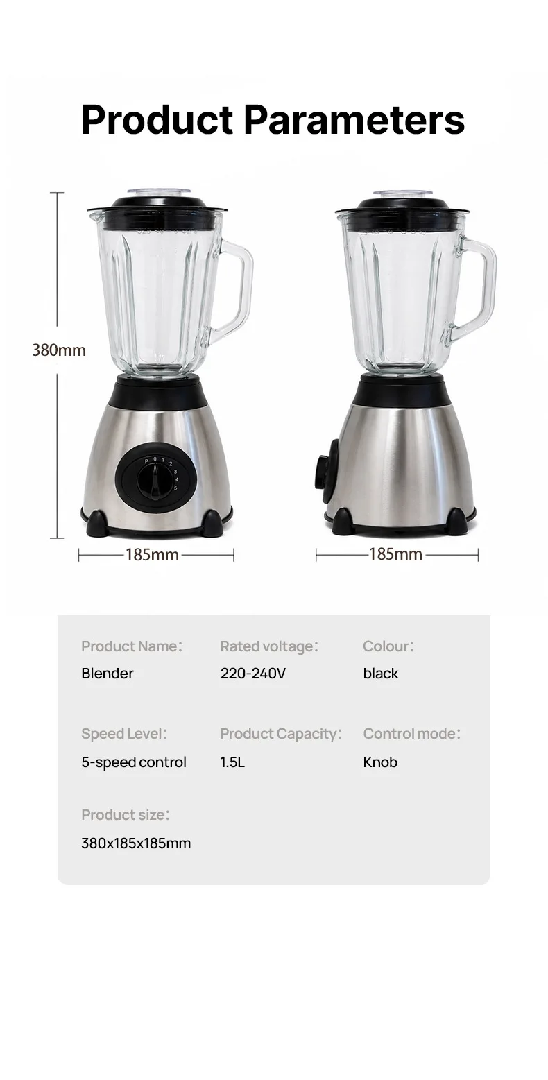 5-Speed Silent Blender 1.5L Glass Jar Multifunctional 2-in-1 Juicer Grinder Household Smoothie Milkshake Food Mixer Kitchen Blen