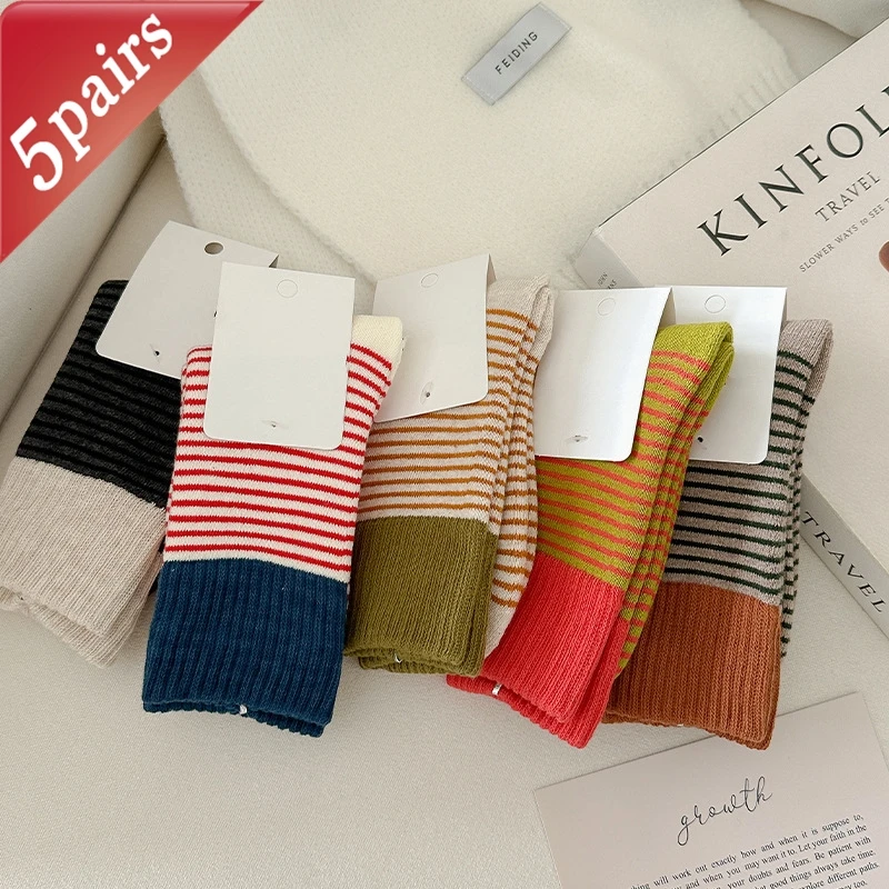 

5 Pairs Women's Socks Set Korean Striped Versatile Preppy Style Casual Mid Tube Socks Winter Thick Warm Comfortable Cotton Socks