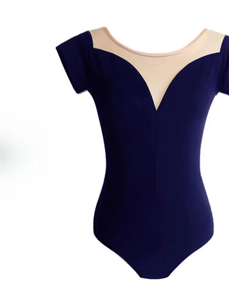 Elegante mesh patchwork romper met korte mouwen en ronde hals - Lichtgewicht balletdanskostuum voor toneelvoorstellingen