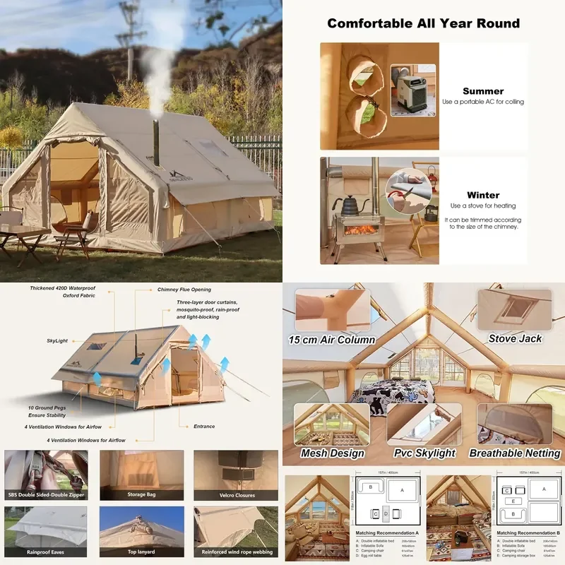 Inflatable Tent 6-8 Person Blow Up Air Tent Outdoor Camping Glamping 420D Oxford Family Cabin Tent Stove Jack AC Vent
