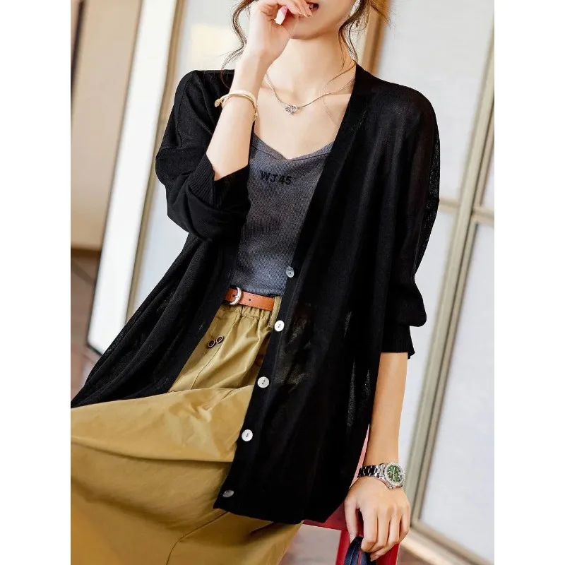 Spring and Autumn New Style Simple Mid-length Cardigan Jacket Thin Breathable Outer Knitted Air-conditioning Shirt