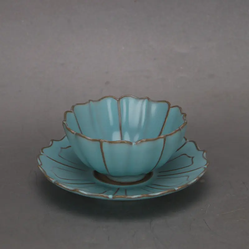 Song Dynasty Style Ru Ware Blue Glaze Lotus Leaf Melon Rib Cup Antique Replica Porcelain Display Collection