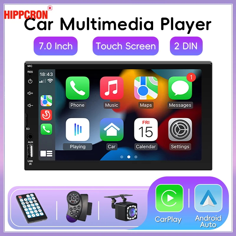 HIPPCRON 2Din 7” Car Multimedia Radio Stereos MP5 Player Support Wired CarPlay Android Auto Mirror Link FM BT TF USB Rear Camera