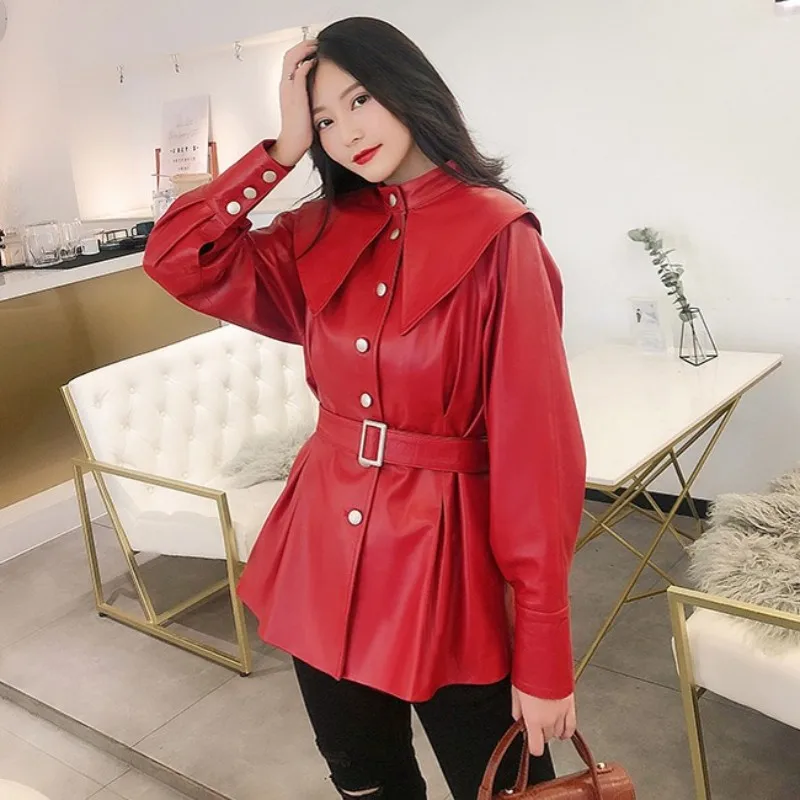 2023Designer 100% Genuine Leather Jacket Women Autumn Slim Sweet Sheepskin Windbreakers Streetwear Red Office Lady Sashes Coat