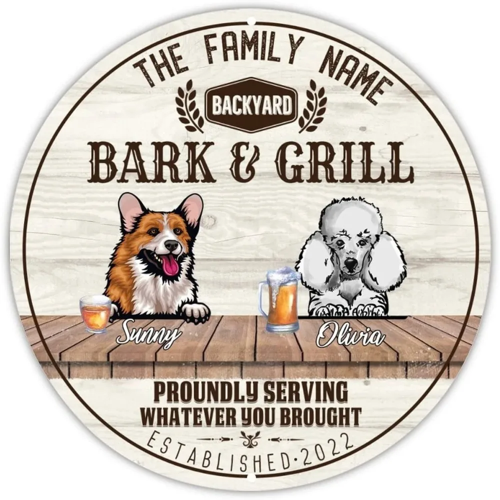 CIFbuy Personalized Round Bark & Grill Metal Sign,Custom Dual‑Dog Backyard Wall Decor Gift (For Decoration Only)