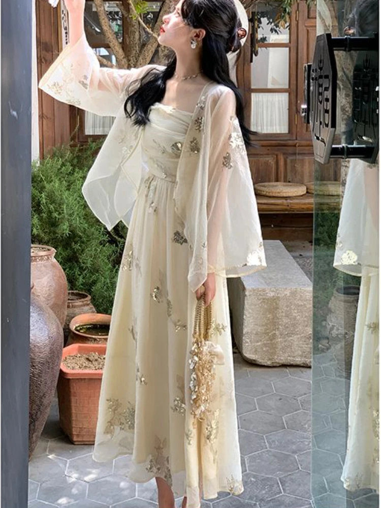 Elegant Vintage Floral 2 Piece Sets Women Sequin Embroidery Casual Long Fairy Dress Suit Female Slim Korean Style Clothes 2024