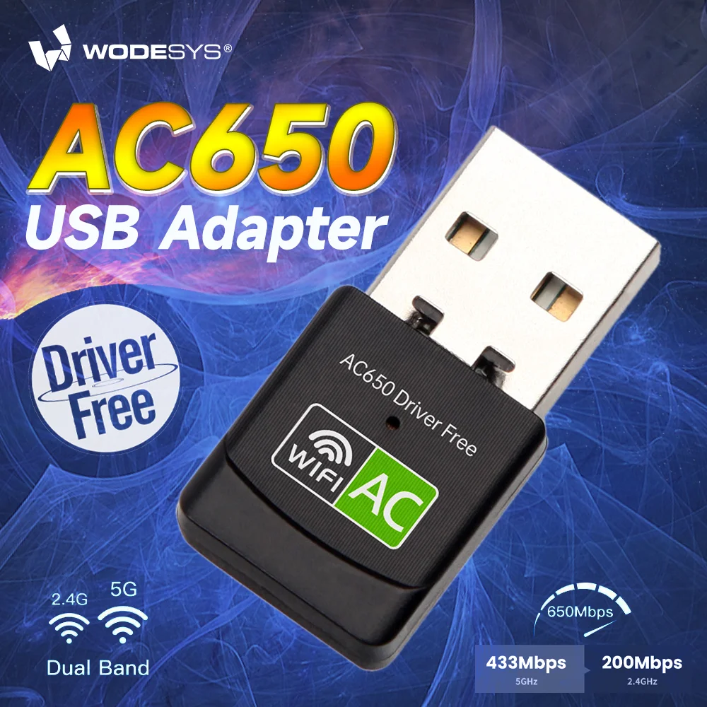 WODESYS 650M Wi-Fi USB Adapter Drive Free Wireless Network Card 2.4G/5G Dual Frequency WiFi Receiving Transmitter For PC