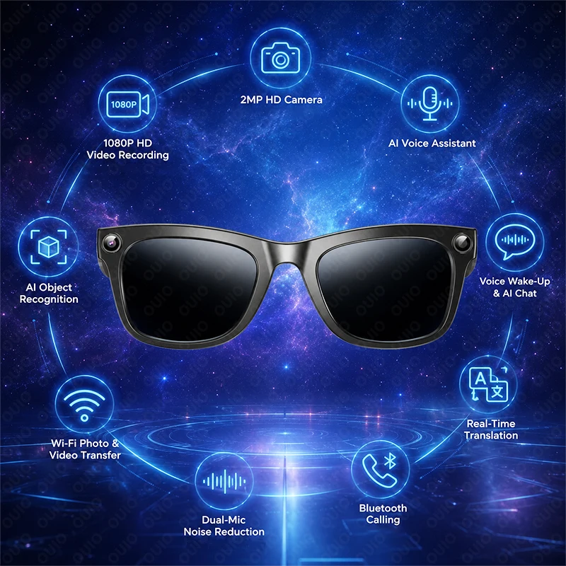 Smart Glasses Intelligent Voice Assistant Object Recognition Bluetooth Calling Stable 2MP Camera HD Video Shooting Smart Glasses