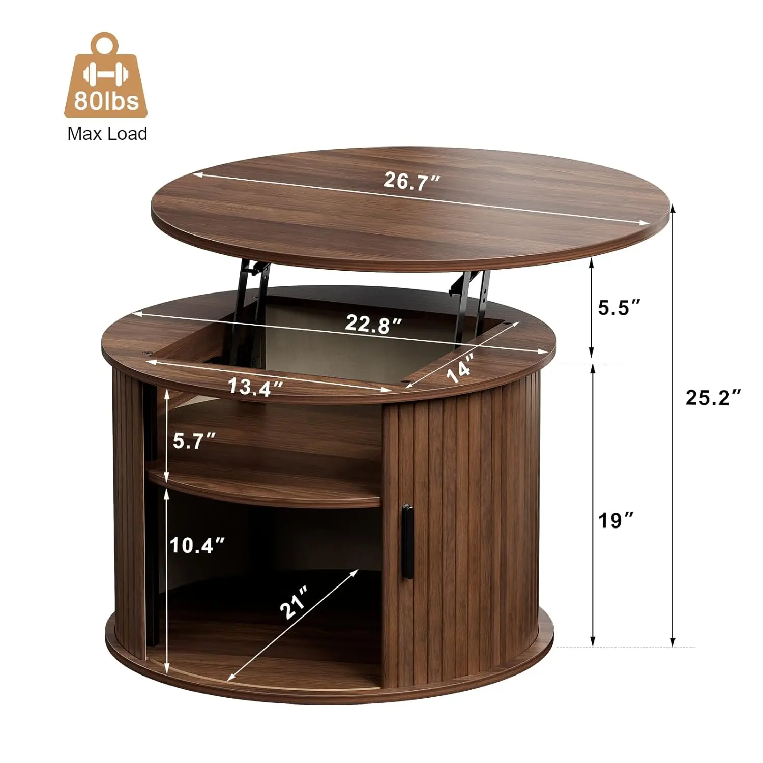 Round Lift Top Coffee Table, Fluted Wood Accent Coffee Table with Hidden Storage and Open Shelves, Drum Table with Sliding Rolli