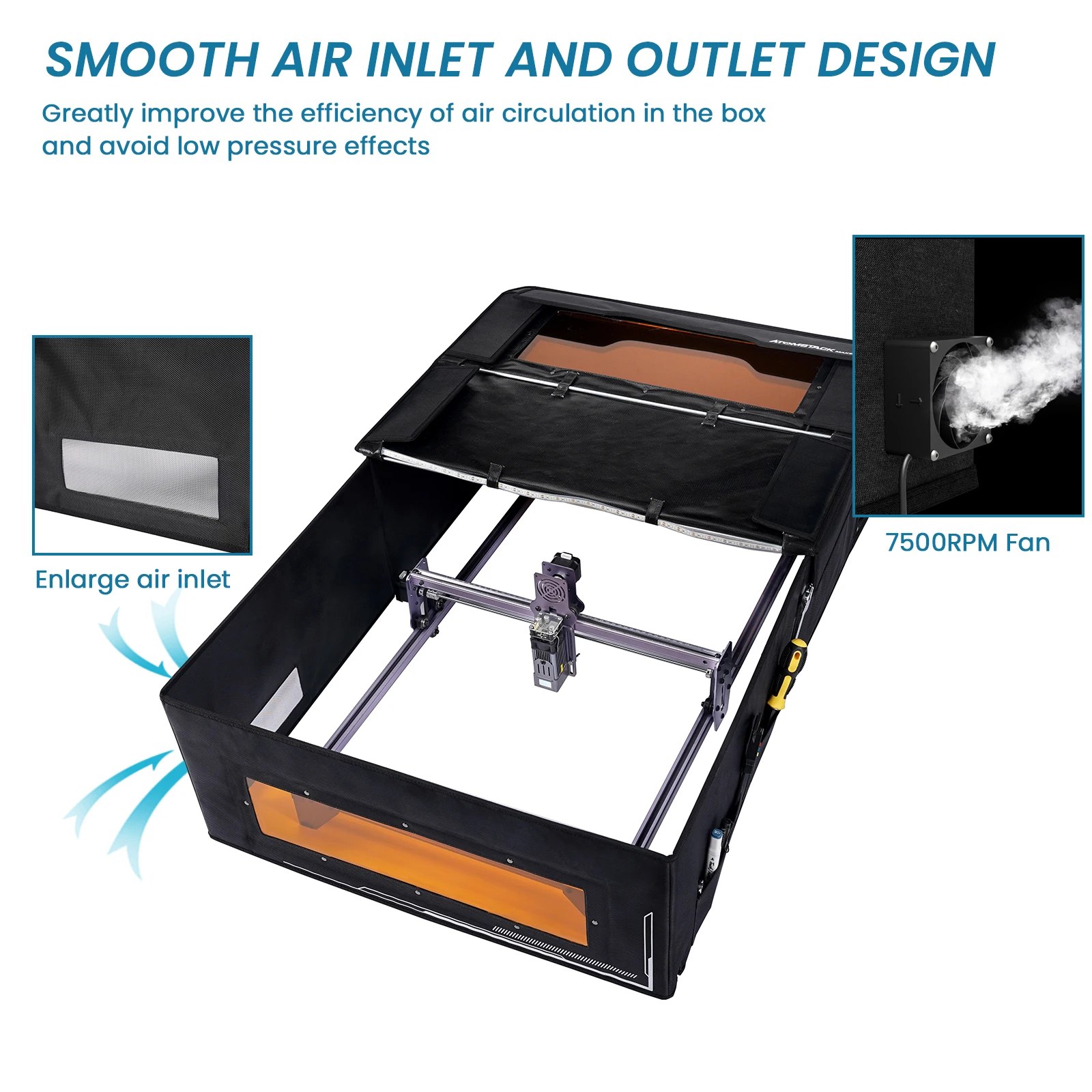 ATOMSTACK เลเซอร์แกะสลัก FB2 Plus Enclosure ทนไฟและกันฝุ่นป้องกัน 730x1170x310 มม. พร้อมไอเสียพัดลมและท่อ
