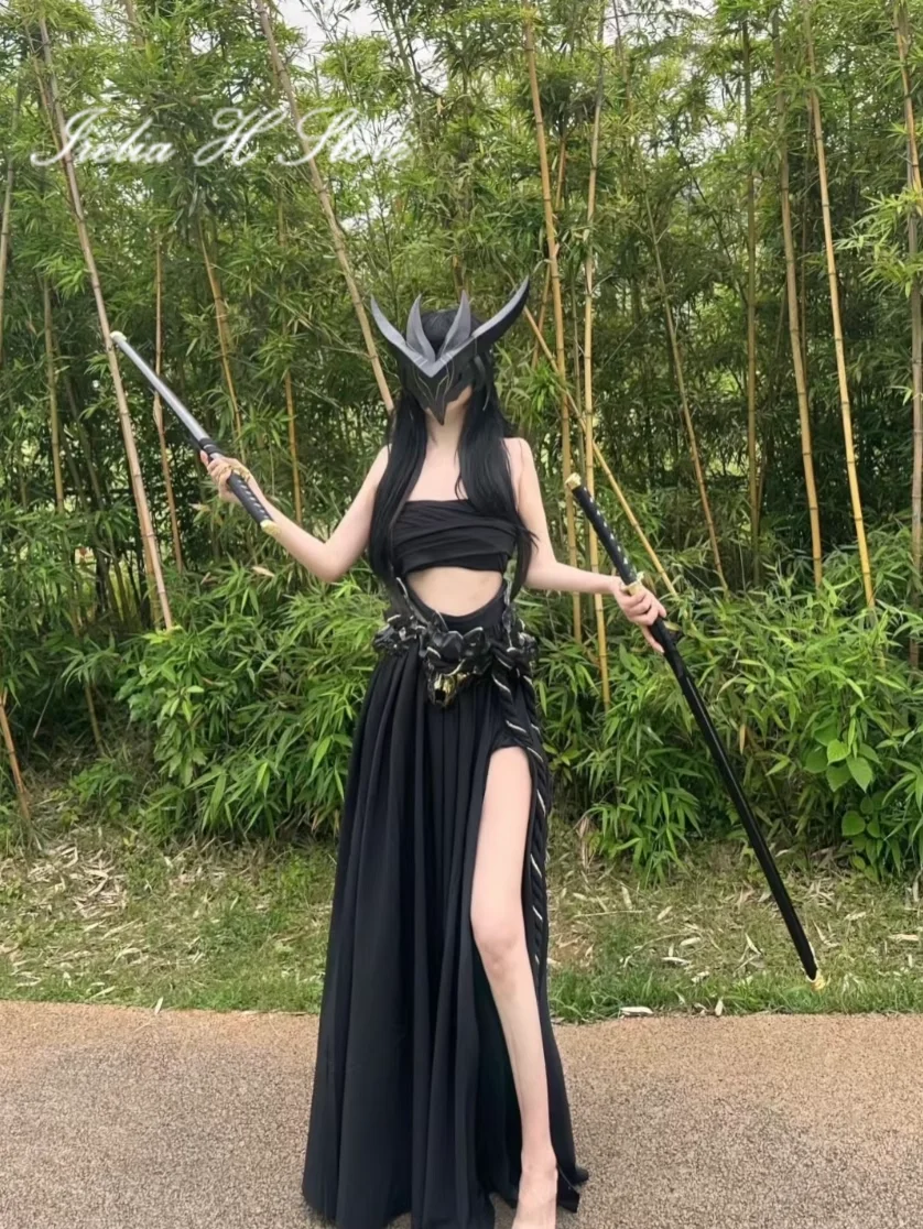 IN STOCK Irelia H Store Black yone from LOL Yone Cosplay Costume Halloween Costume rope skirt masks ribbons