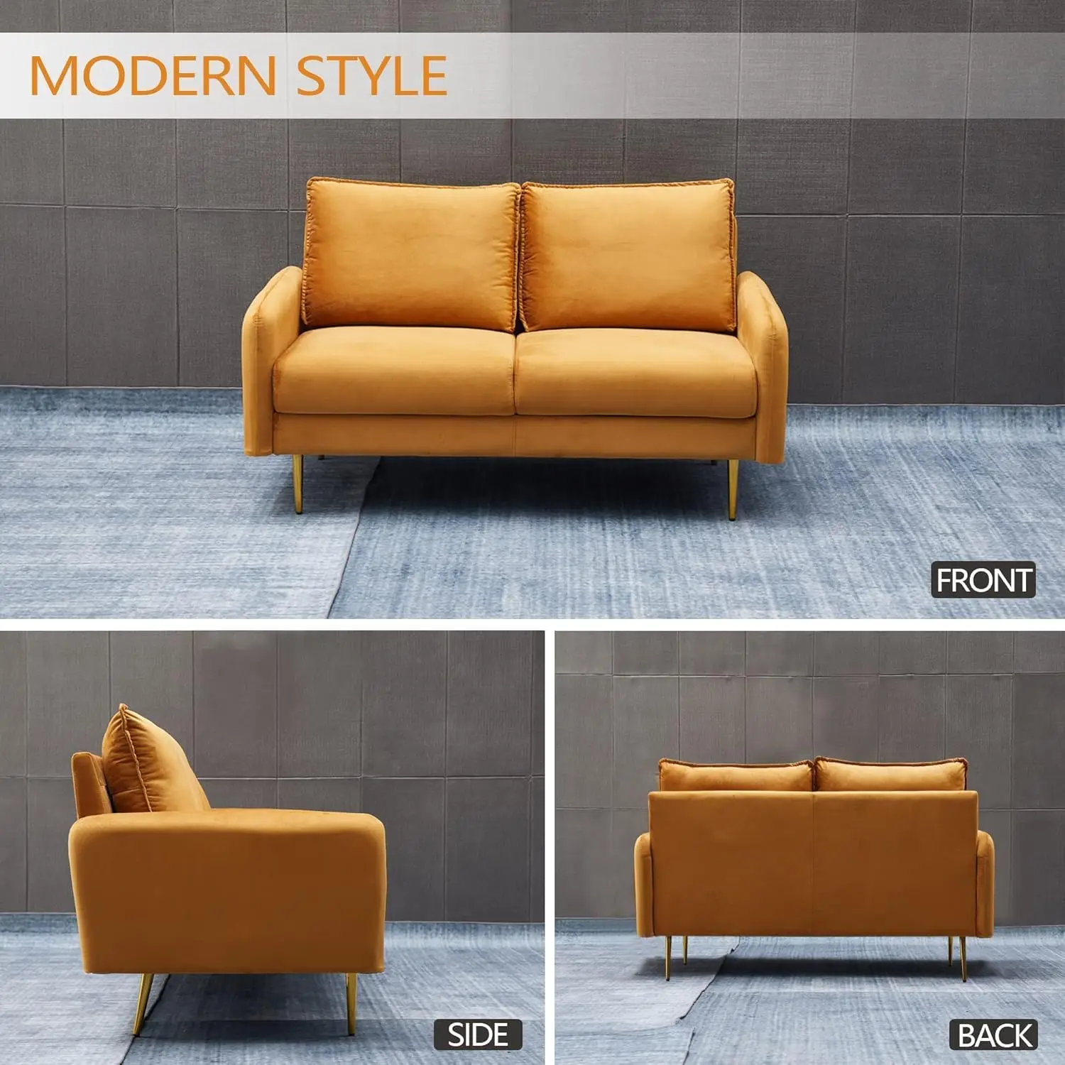 Loveseat Modern Sofa Tufted Couch with Metal Legs for Living Room, Bedroom, Office, Playroom - Ginger