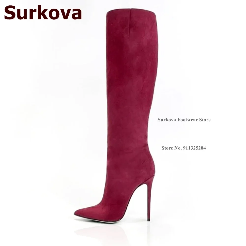 Surkova Red Black Matte Thin High Heel Over-the-knee Boots Pointed Toe Simple Model Fall Winter Outdoor Dress Shoes Size46