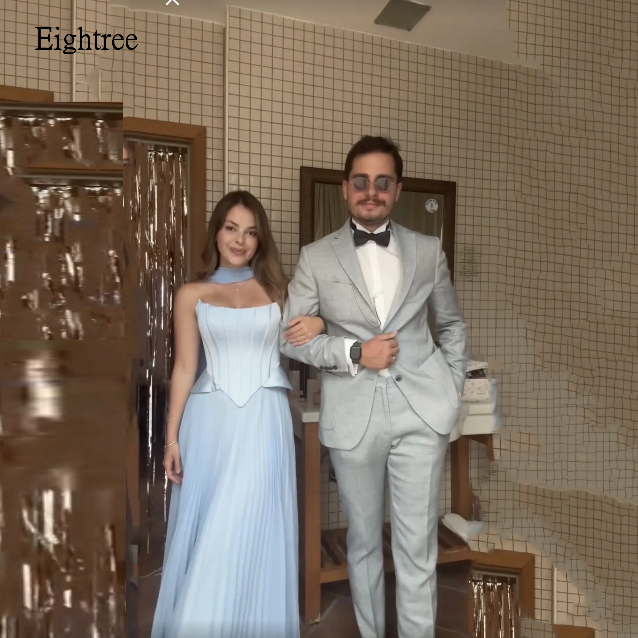 

Eightree Graceful Blue Strapless Mermaid Prom Gowns Backless Pleated Evening Dress Floor Length Party Dress Customized