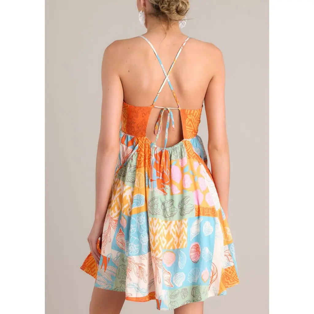 Combhasaki femmes Y2K coquille Plaid multicolore à lacets dos nu découpe col carré taille haute courte Mini robe trapèze avec poches