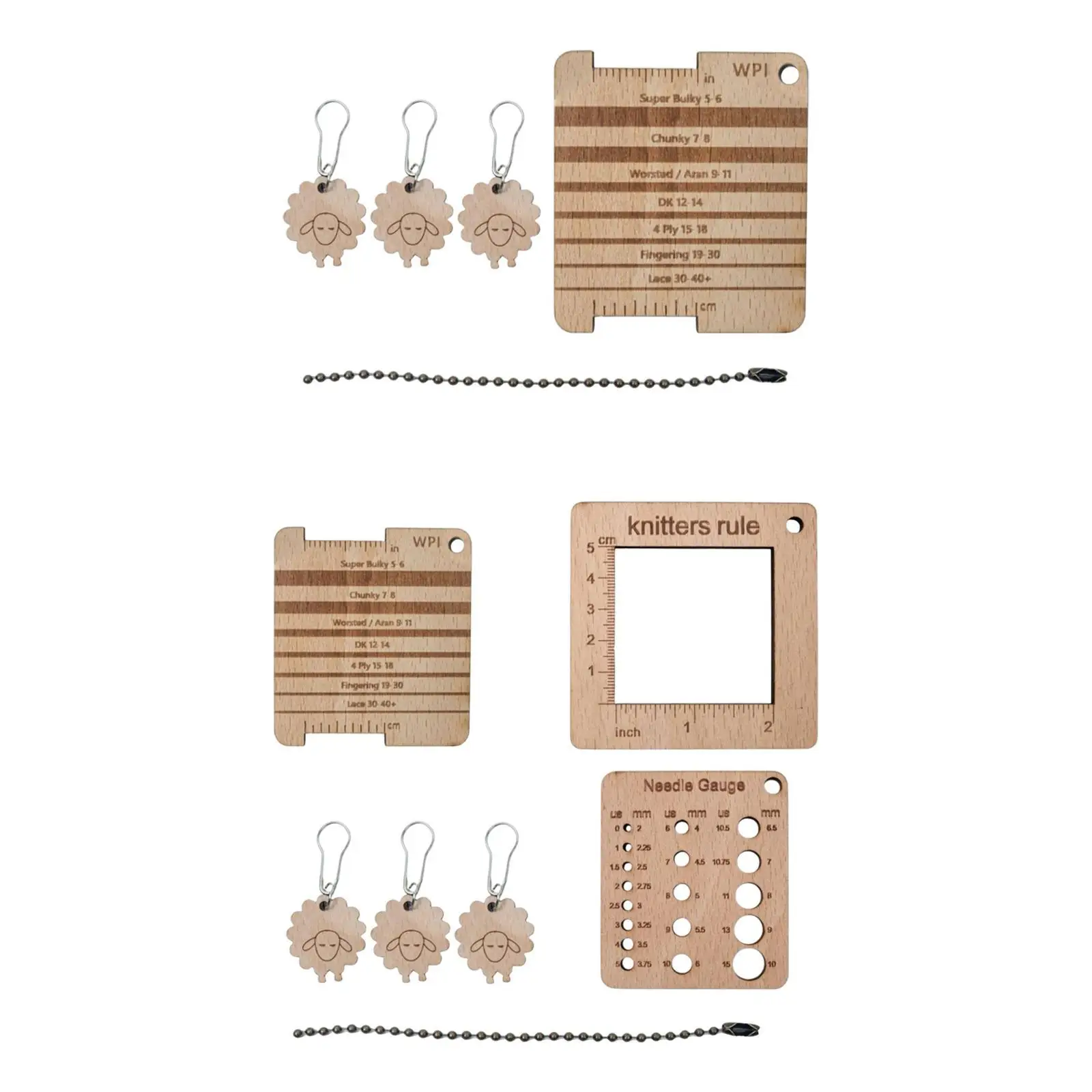 Square Wood Knitting Gauge Ruler 18 Hole Sizer with Sheep Stitch Marker for Crochet Hook Sweater Making Tool