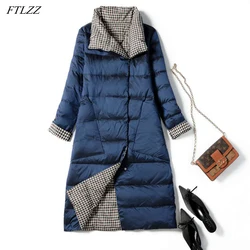 FTLZZ New Autumn Winter Women Double Sided Ultra Light Long Down Coat 90% White Duck Down Parkas Warm Snow Plaid Outwear